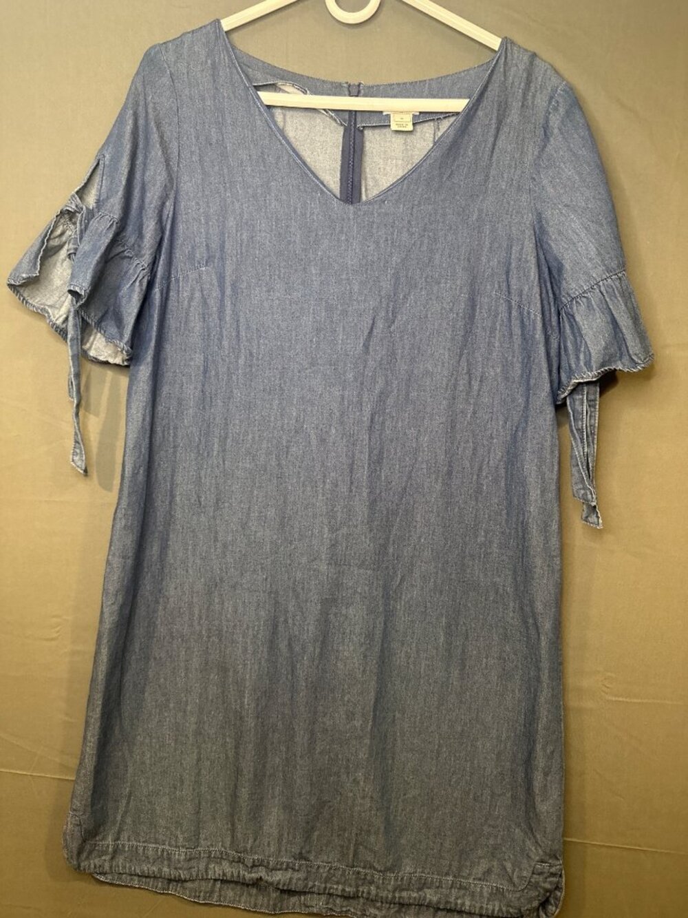 J Crew Womens Medium Chambray Shift Dress Ruffle Tie Sleeve V Neck Blue